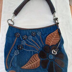 Brighton Hobo Blue Denim bag with Suede and Leather flowers